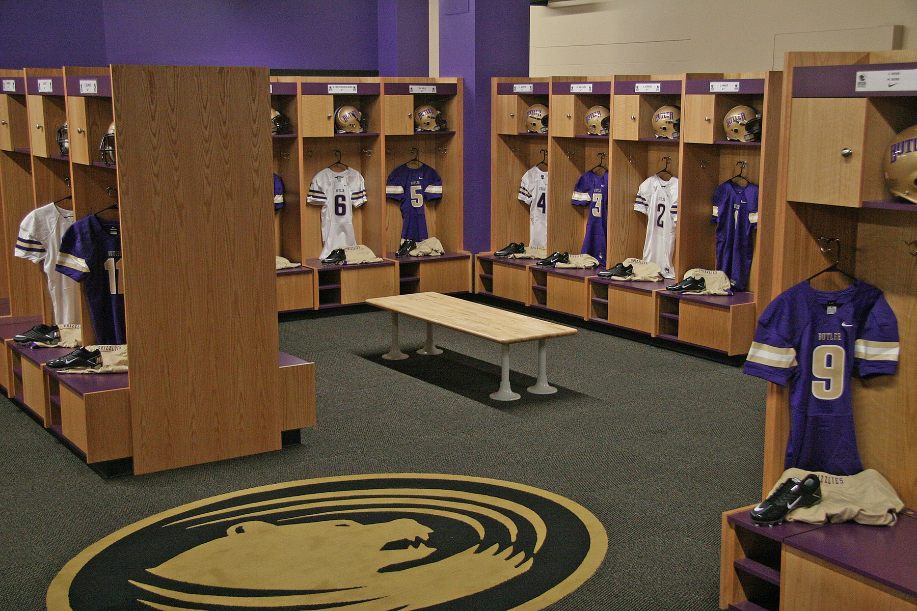 The football locker room inside the Criss Football Complex